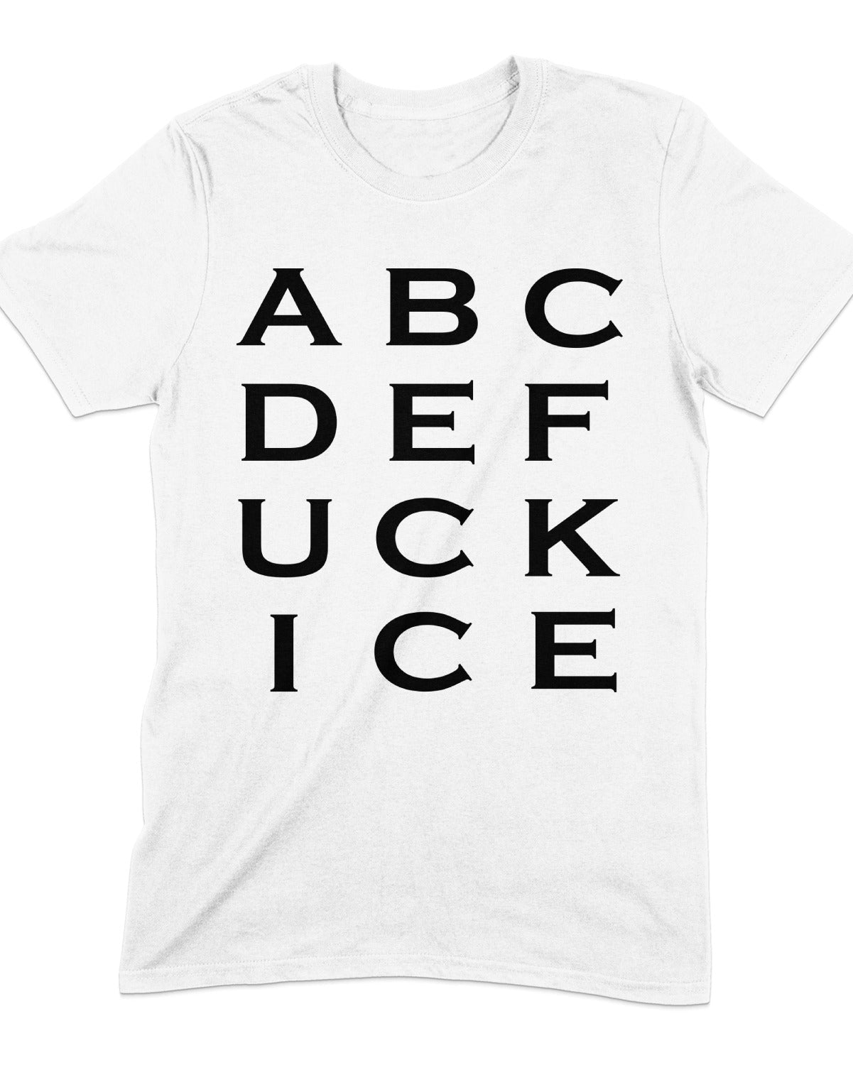 White t-shirt with black text on a white background
