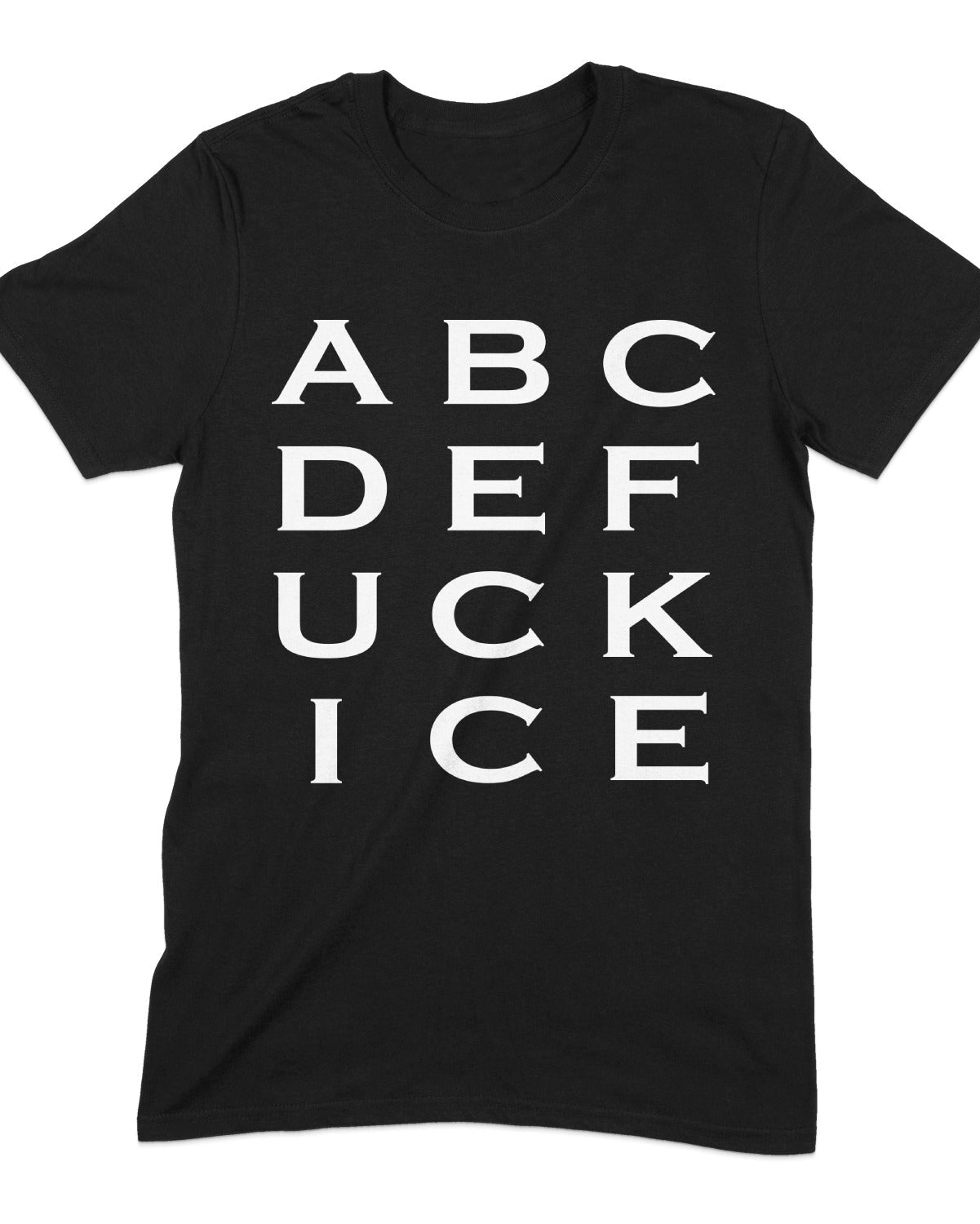 Black t-shirt with white text on a white background