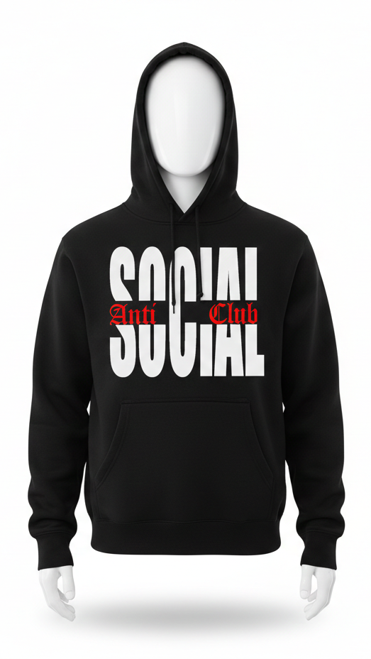 Black hoodie with 'Social Club' text on a white background
