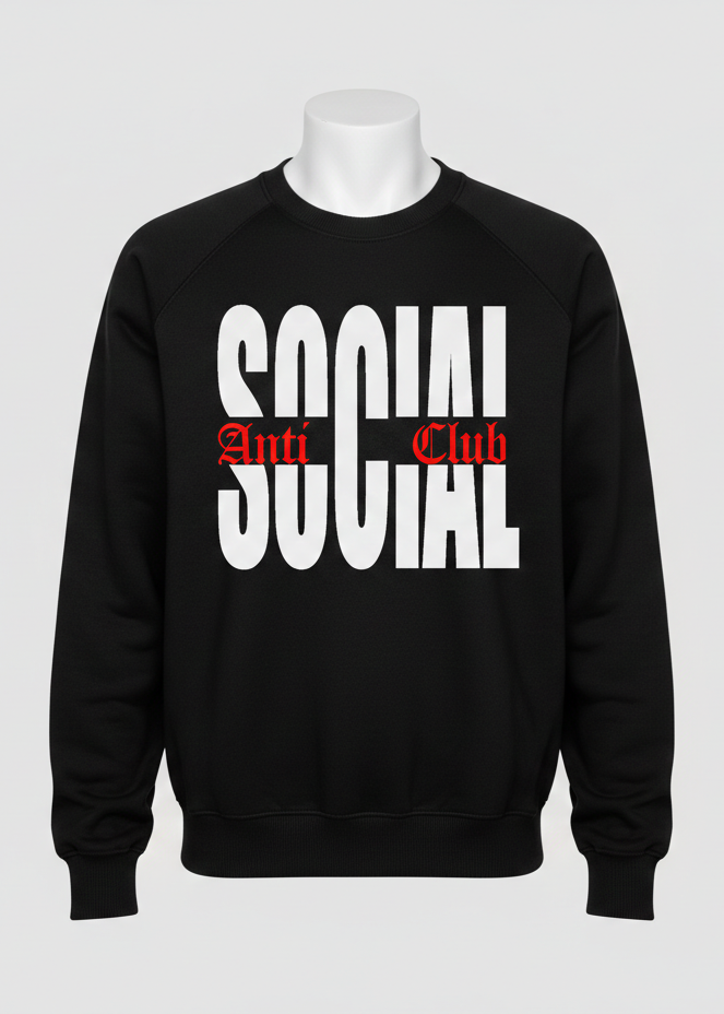 Black sweatshirt with 'Anti Social Club' text on a white background