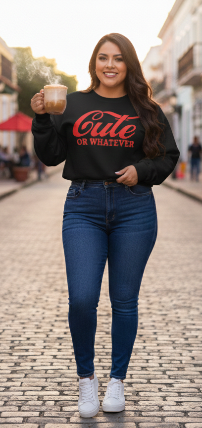 Woman in a black sweatshirt with red text and blue jeans standing on a cobbled street.