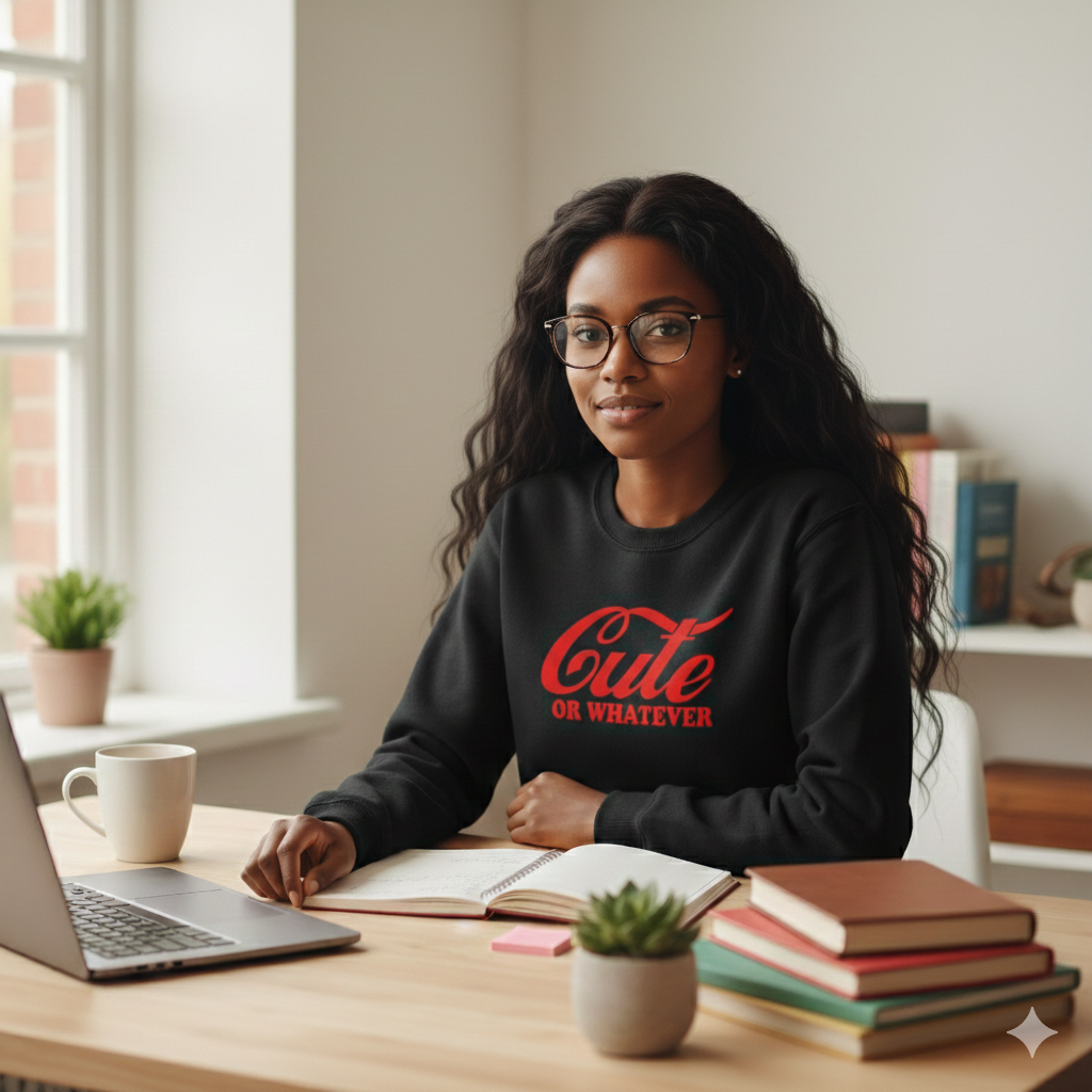 Woman wearing a black sweatshirt with red text, sitting at a desk with books and a laptop.