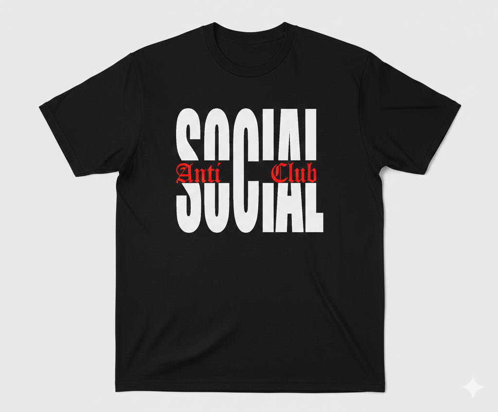Black t-shirt with 'Anti Social Club' text on a white background