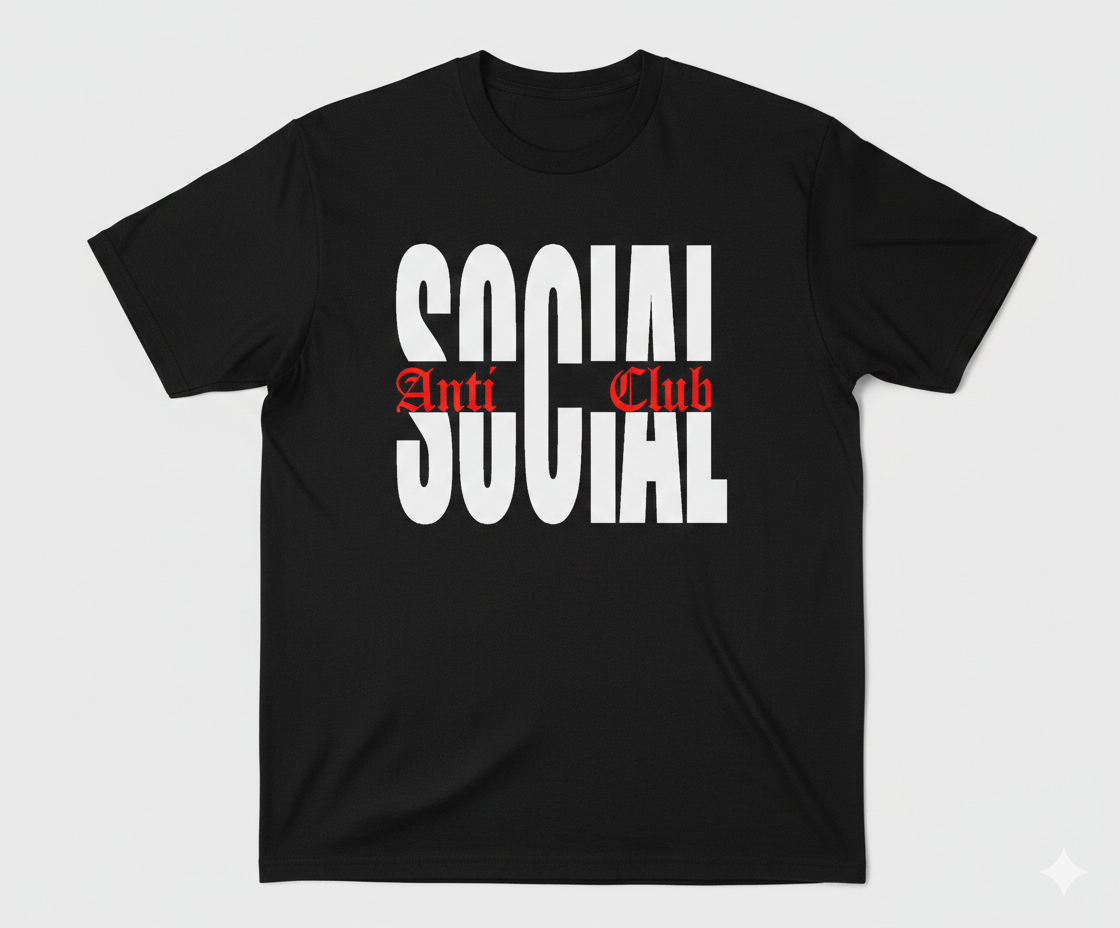 Black t-shirt with 'Anti Social Club' text on a white background