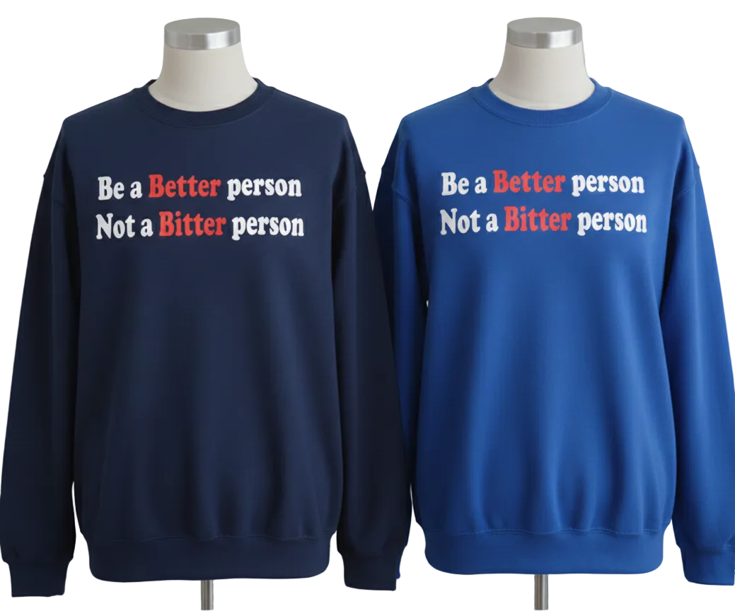 Two sweatshirts on mannequins with motivational text on a gray background