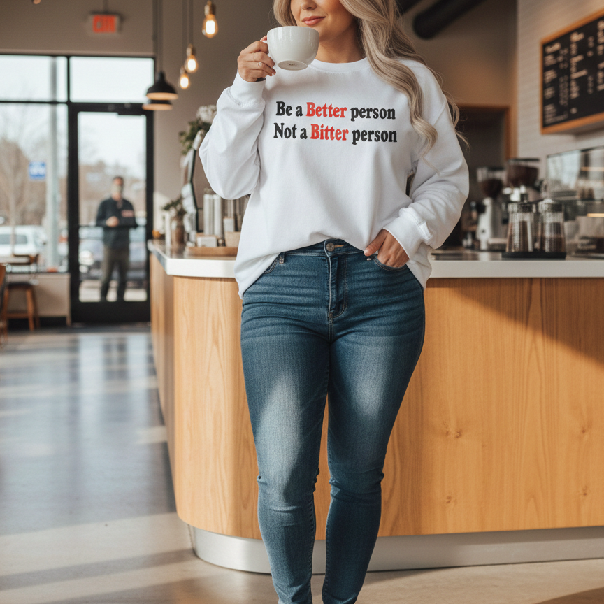 Person wearing a white sweatshirt with a motivational quote in a coffee shop.