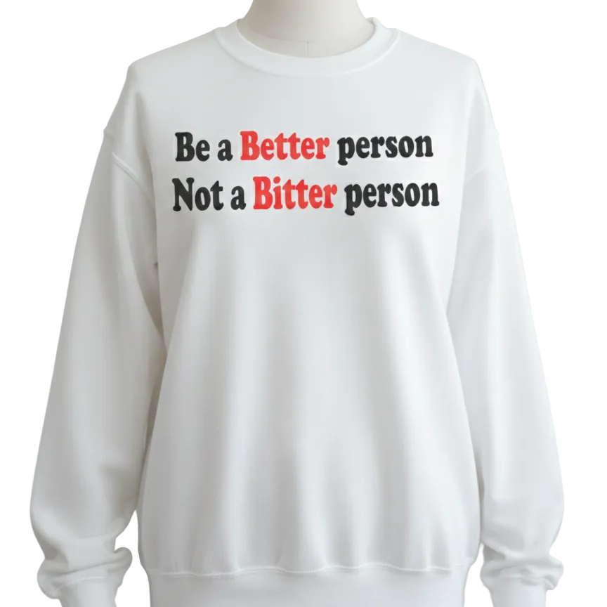 White sweatshirt with motivational text on a gray background