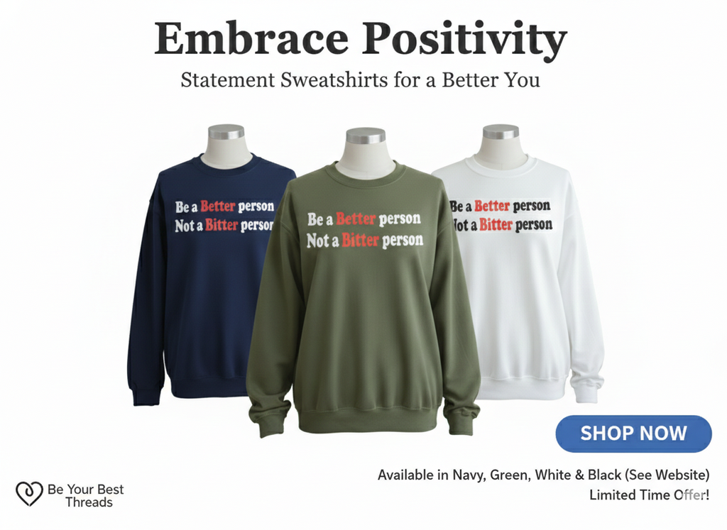 Three sweatshirts on mannequins with motivational text, available in navy, green, white, and black.