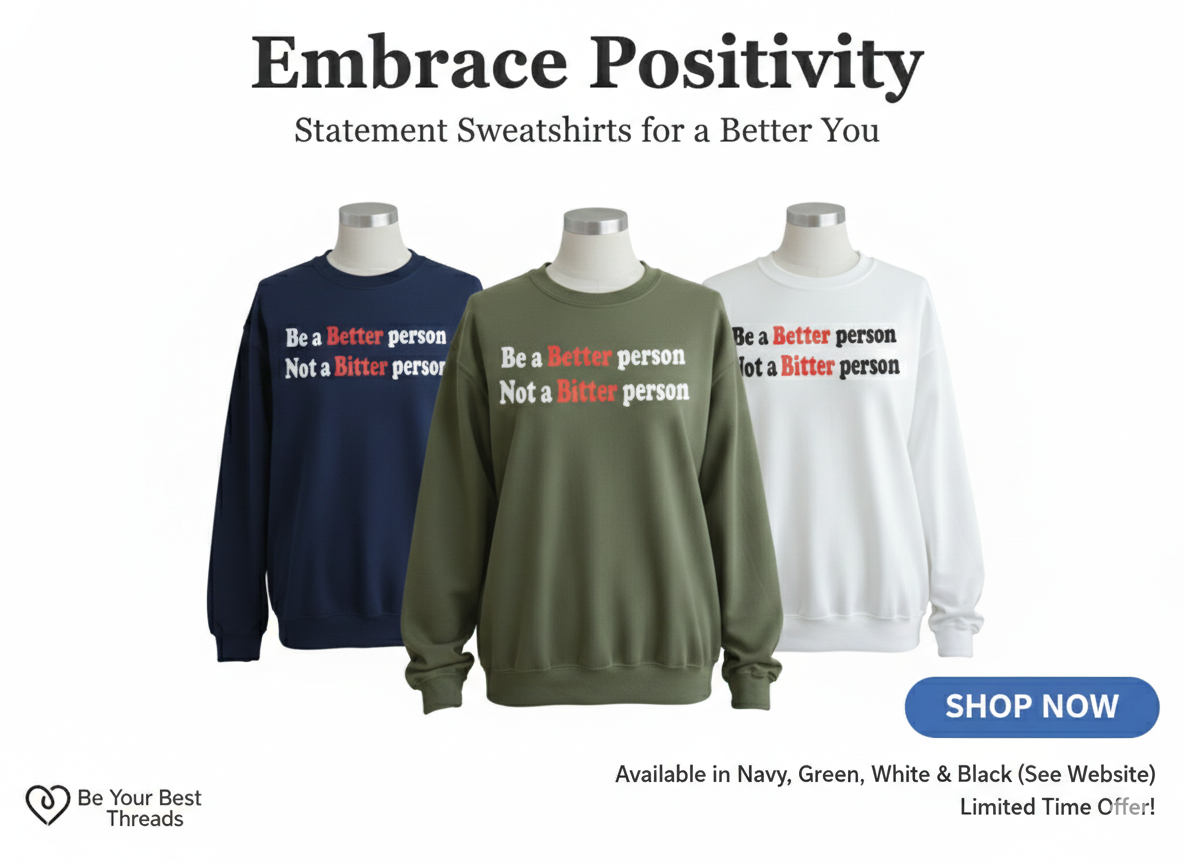 Three sweatshirts on mannequins with motivational text, available in navy, green, white, and black.