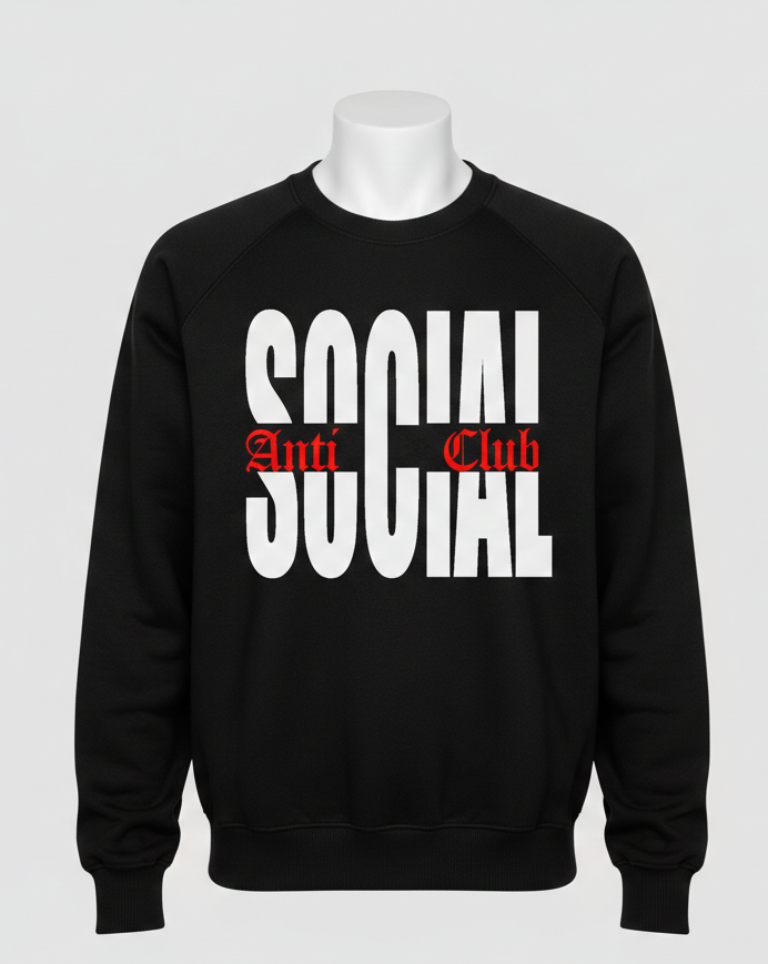 Black sweatshirt with 'Anti Social Club' text on a white background
