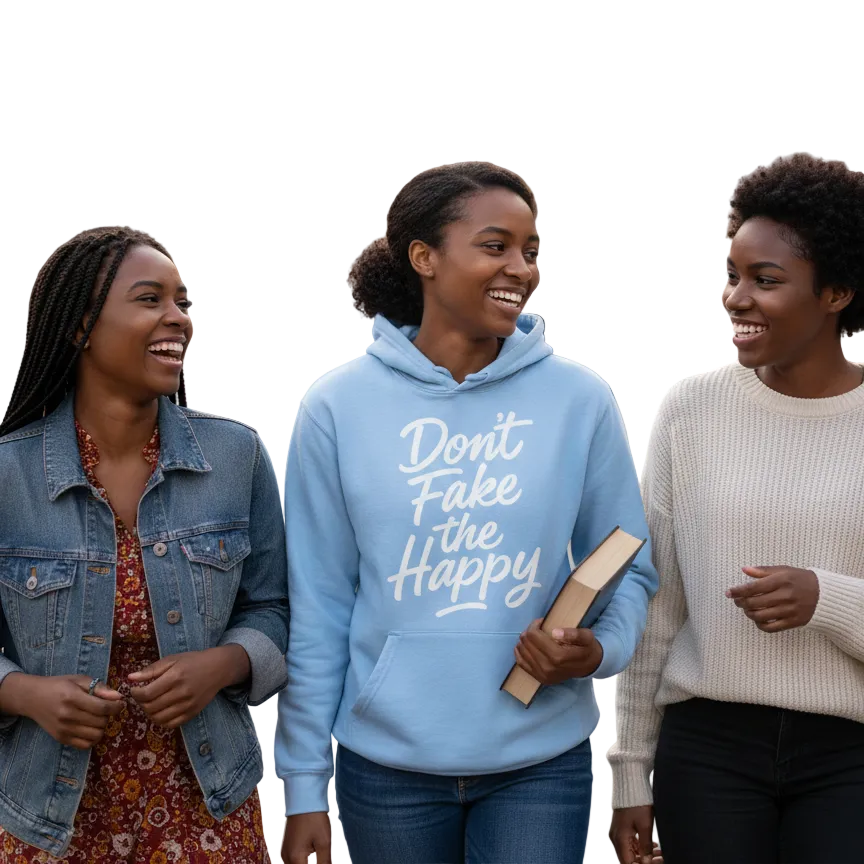 Three women walking down a street, with one wearing a blue hoodie with text.