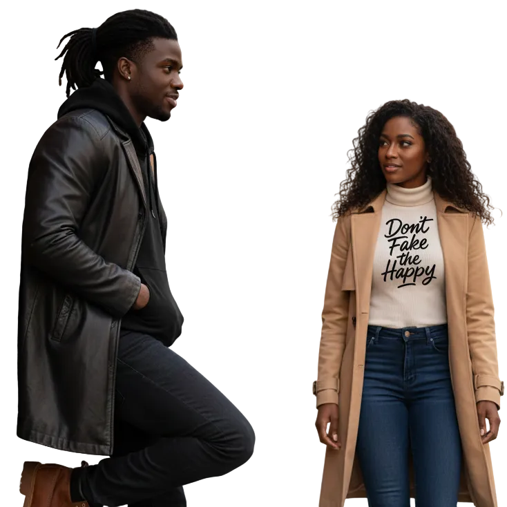 Two people standing on a sidewalk with a brick wall and urban background