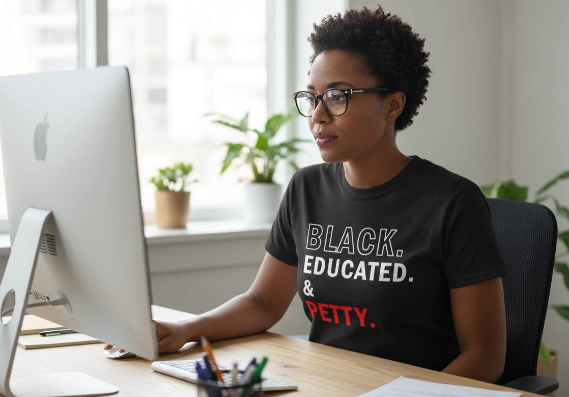 Person wearing a 'BLACK. EDUCATED. & PETTY.' shirt sitting at a desk with a computer.