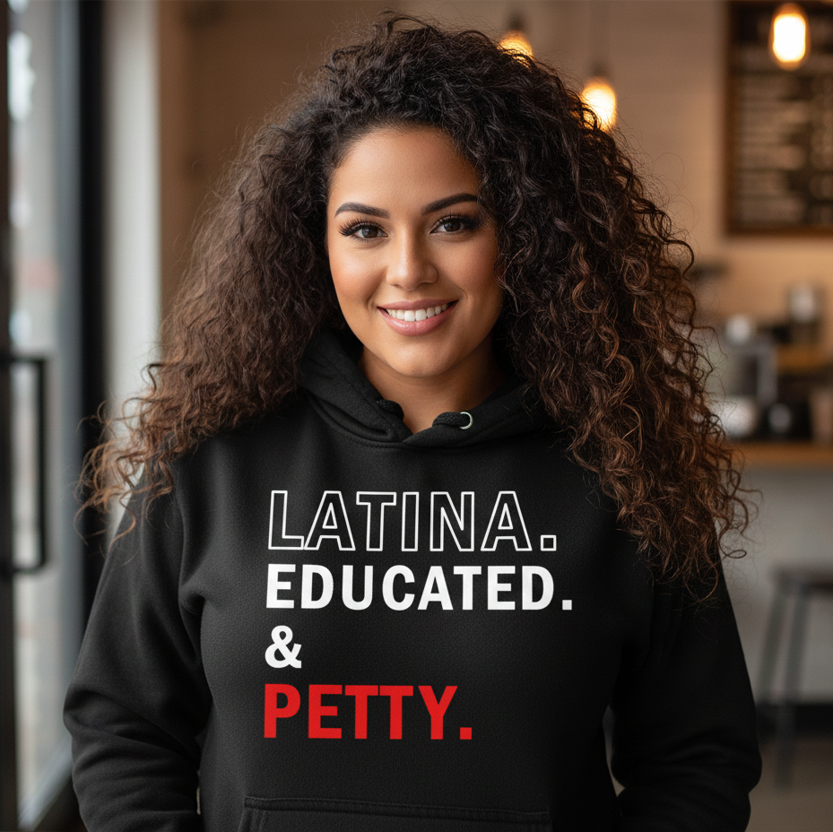 Woman wearing a black hoodie with text in a casual setting