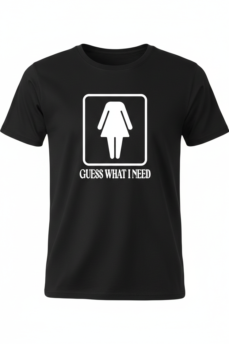 Black t-shirt with white graphic and text on a white background