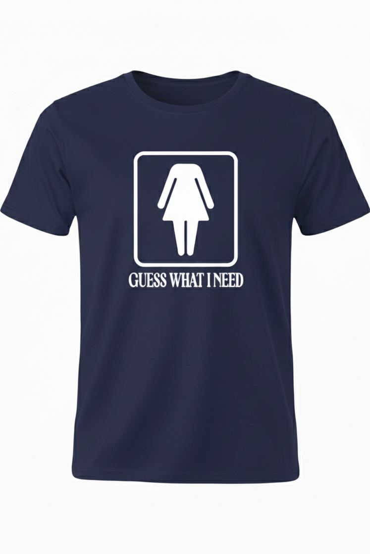 Navy blue t-shirt with white graphic and text on a white background