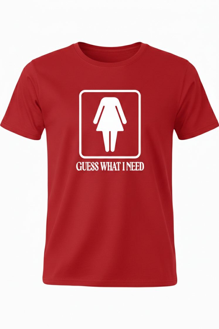Red t-shirt with a white graphic and text on a white background
