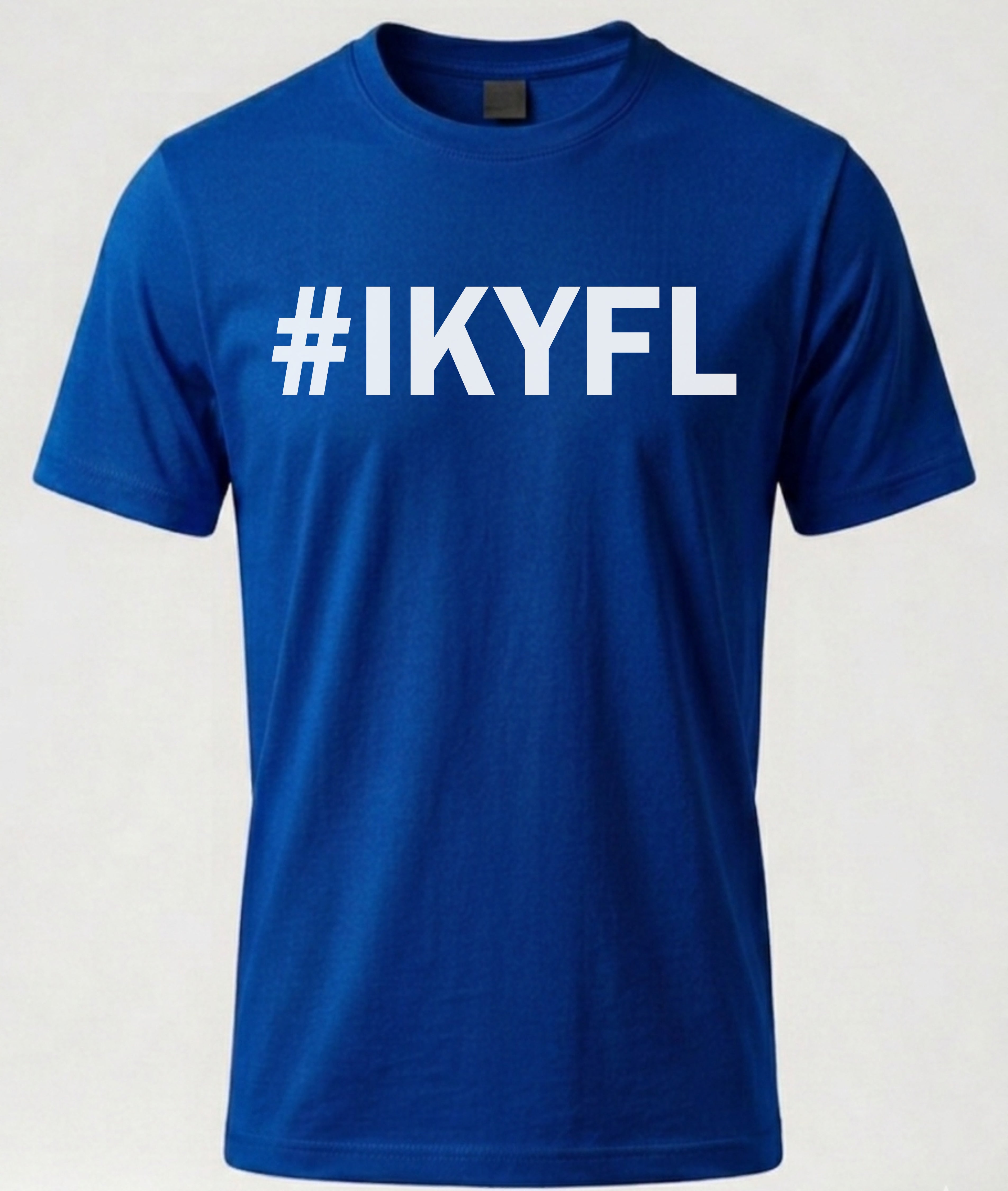 Blue t-shirt with '#IKYFL' text on a white background