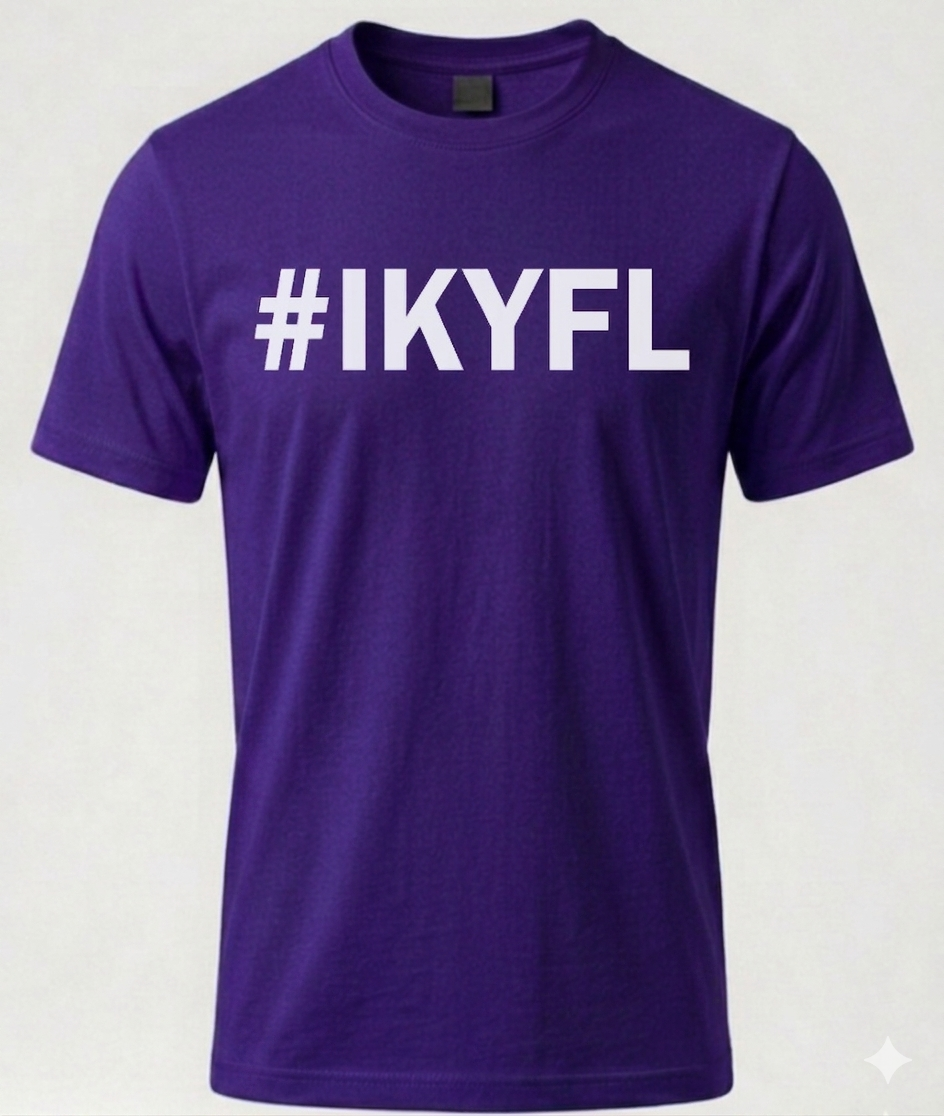 Purple t-shirt with '#IKYFL' text on a white background