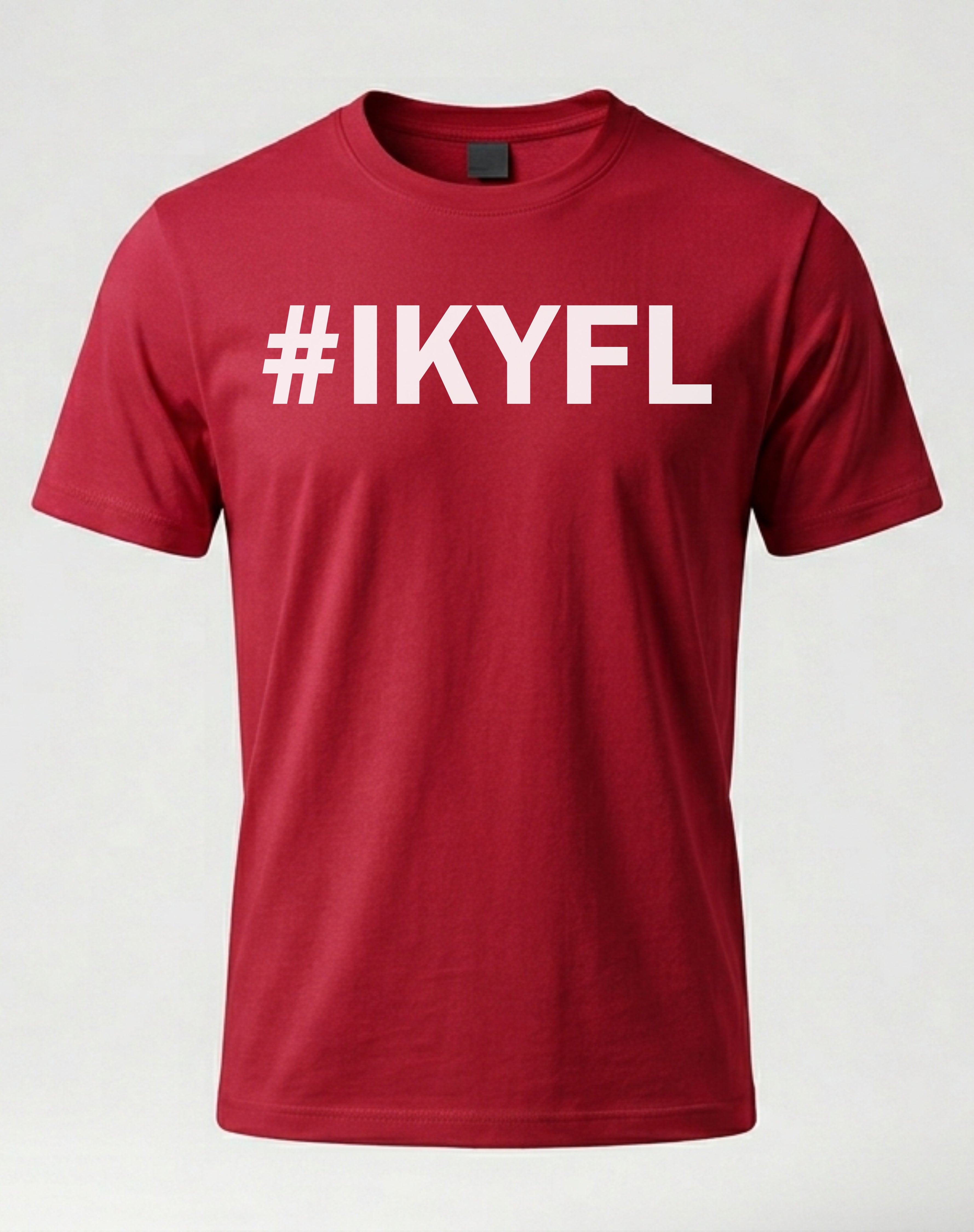 Red t-shirt with '#IKYFL' text on a white background