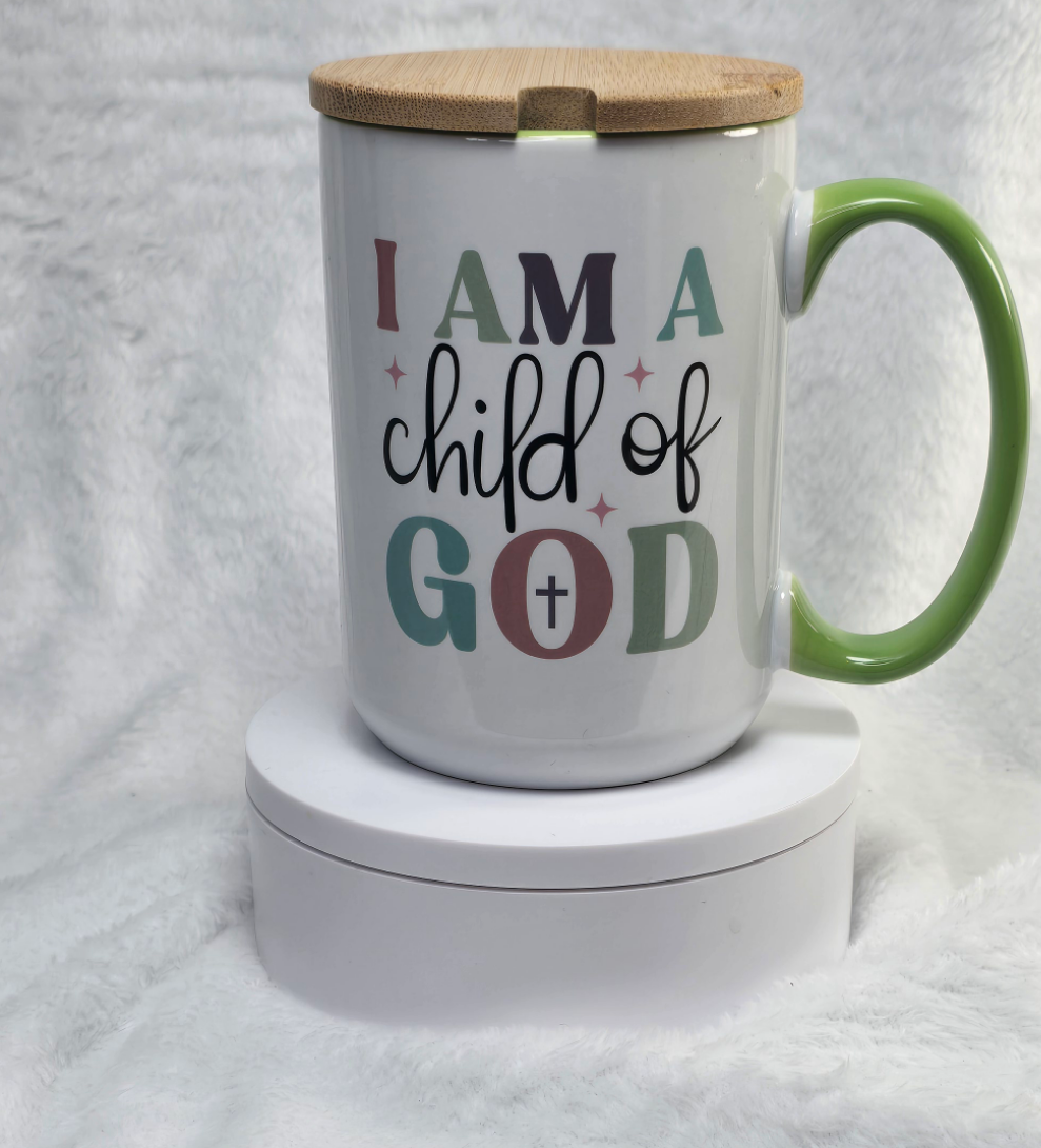 Child of God 15oz coffee mug featuring a Bamboo lid
