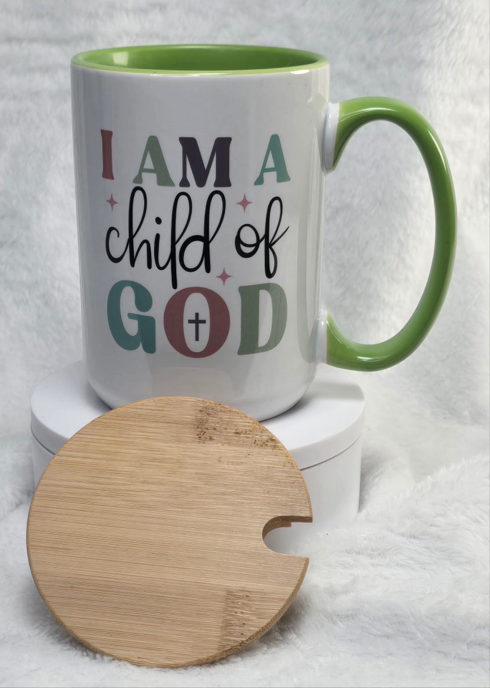 Child of God 15oz coffee mug featuring a Bamboo lid