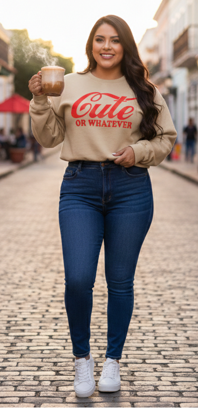 Woman in a casual outfit standing on a street holding a coffee cup.