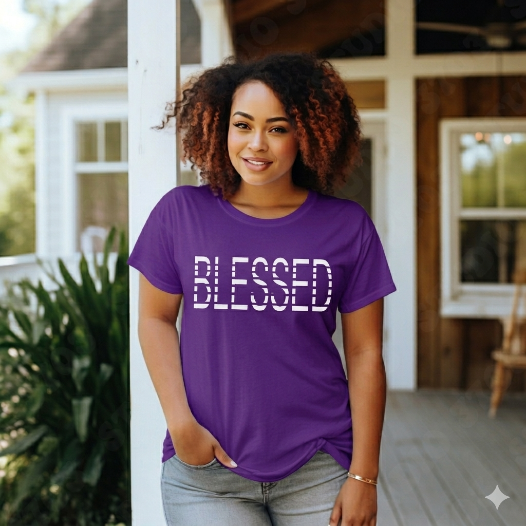 Woman wearing a purple 'BLESSED' t-shirt standing on a porch.