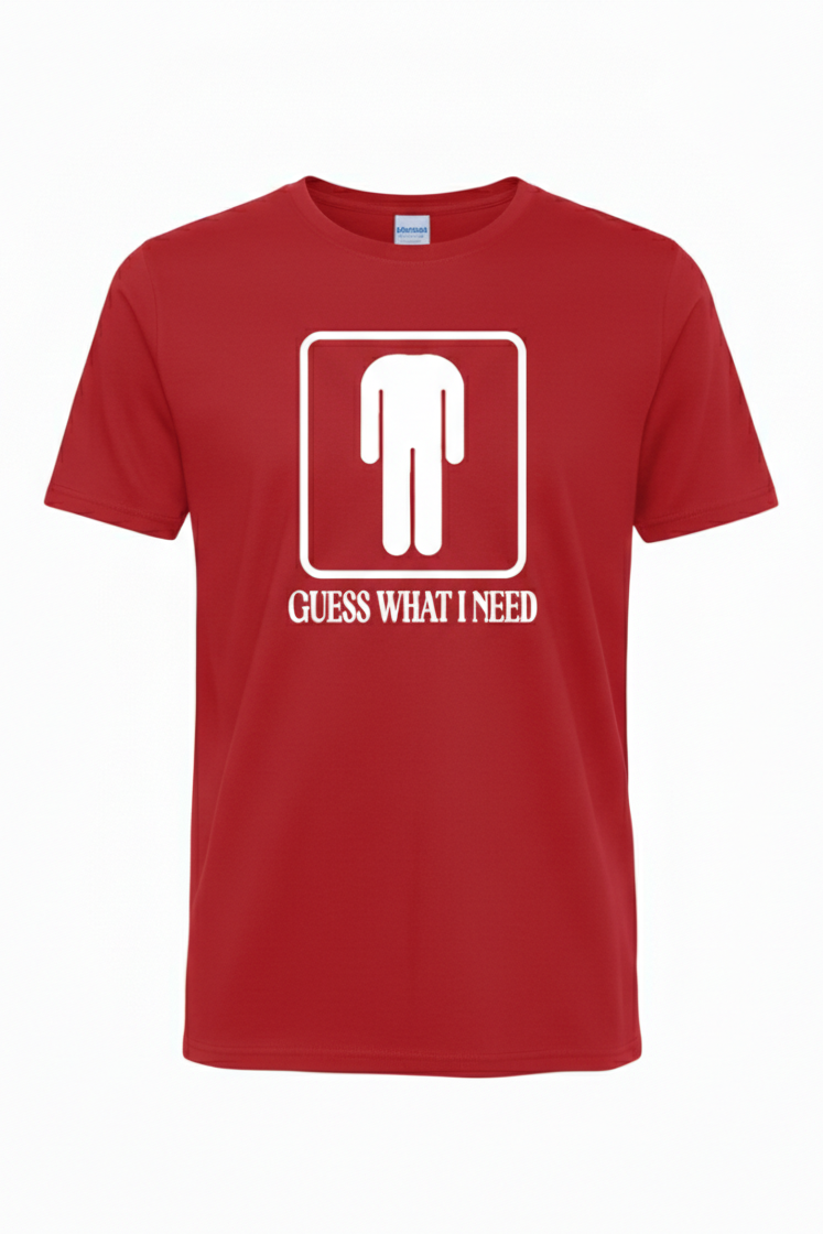 Red t-shirt with a white graphic and text on a white background