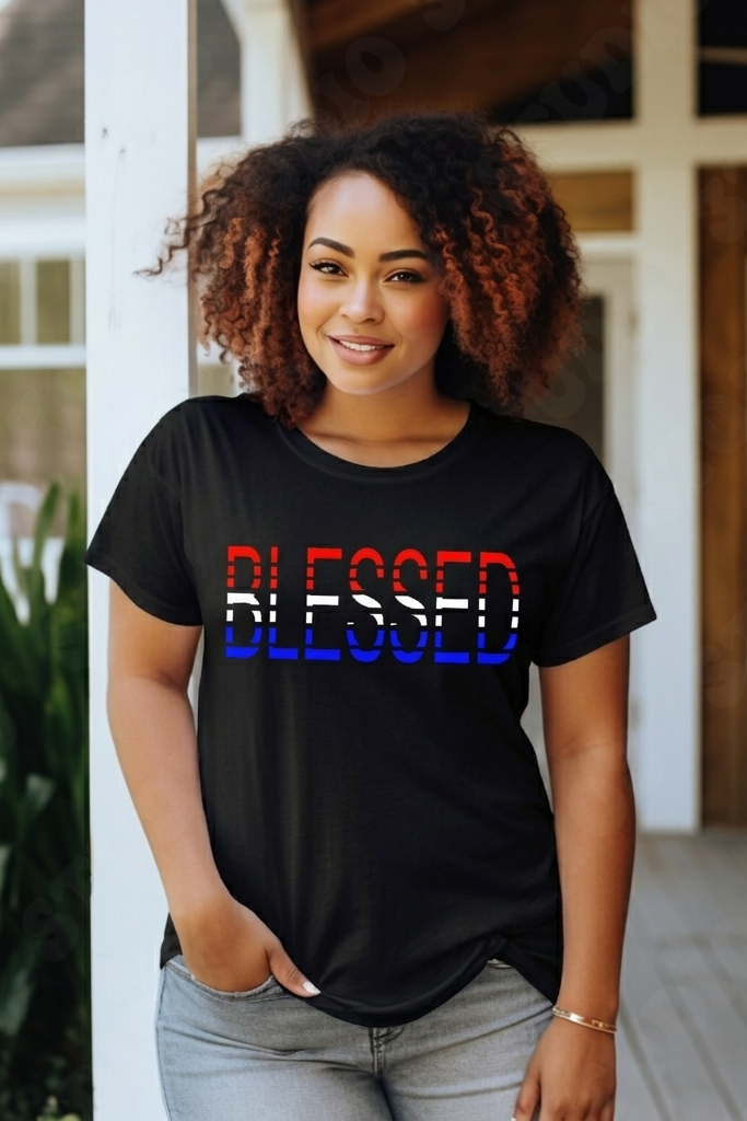 Woman wearing a black t-shirt with 'BLESSED' in red and blue letters on a porch.
