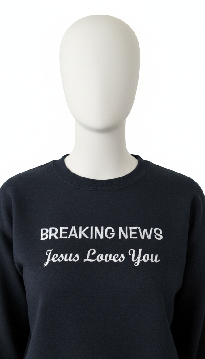 Black sweatshirt with 'BREAKING NEWS Jesus Loves You' text on a mannequin against a white background