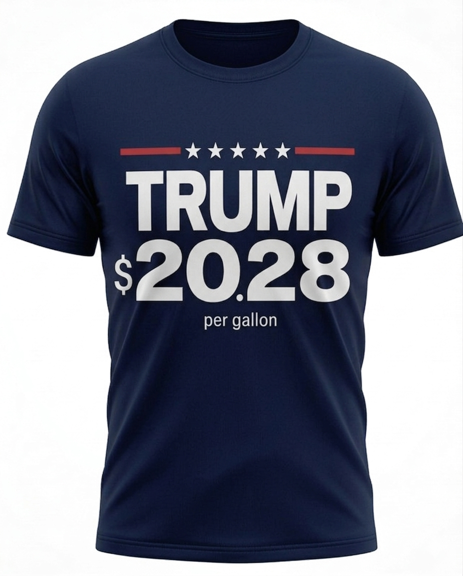 Navy blue t-shirt with 'TRUMP $20.28 per gallon' text on a white background